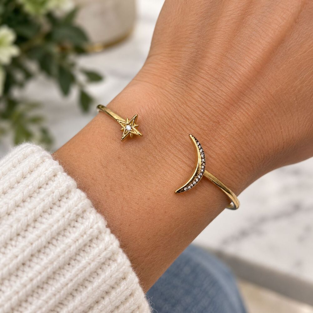 Stella & Dot Celestial Cuff Bracelet Gold Crystal Moon Star Pave Open Bangle